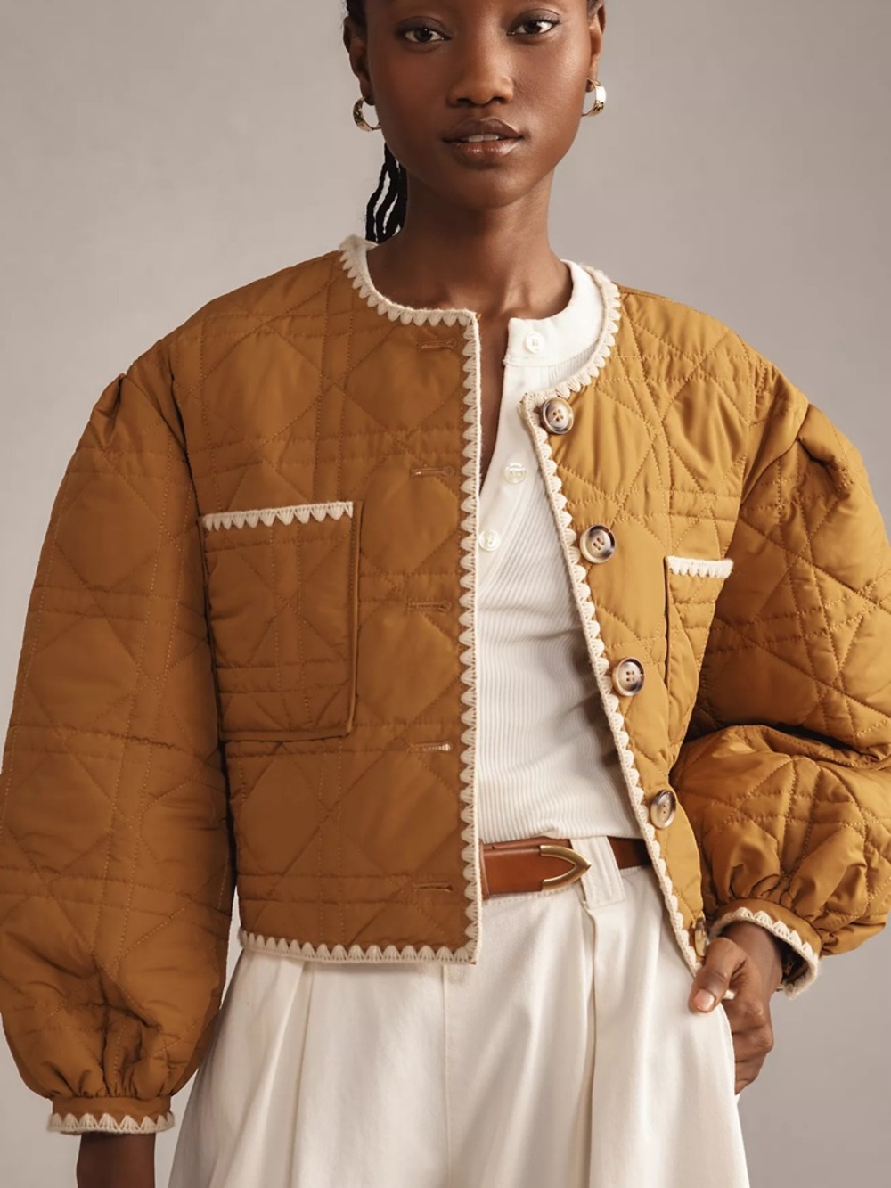 Astr Quilted Acacia Quilted Jacket in Camel with Cream Trim